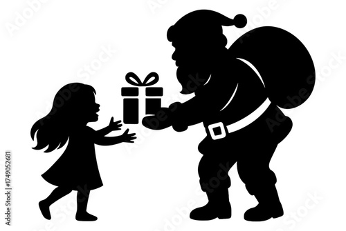 Silhouette of santa claus giving gift box to little girl during christmas holiday celebration.