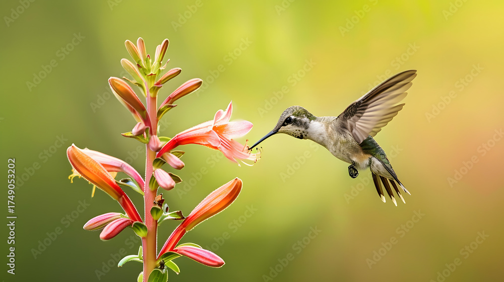 Fototapeta premium Ruby-throated Hummingbird (Male) with a Mandevilla Flower