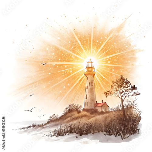 Watercolor painting of a lighthouse on a hill with bright sunburst