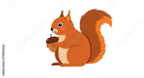Cartoon Squirrel Holding Acorn with Bushy Tail