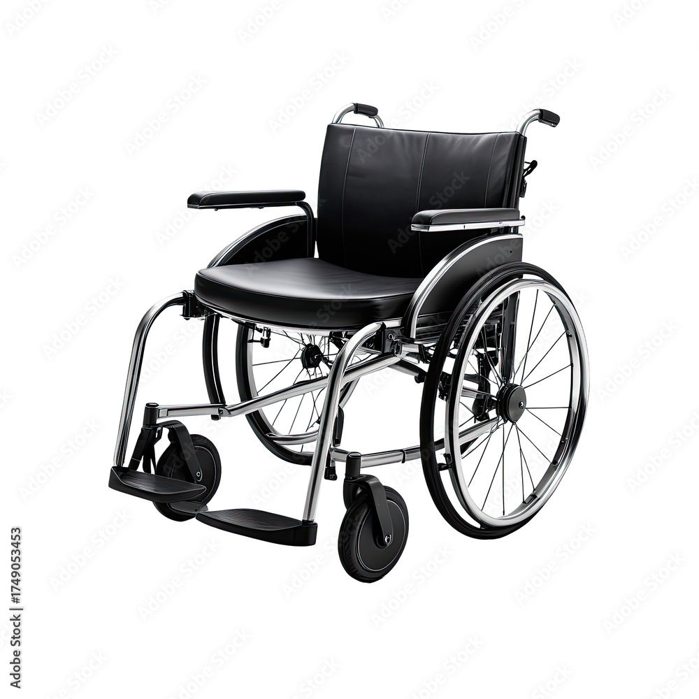 Fototapeta premium Sleek black wheelchair with chrome frame, isolated on dark background