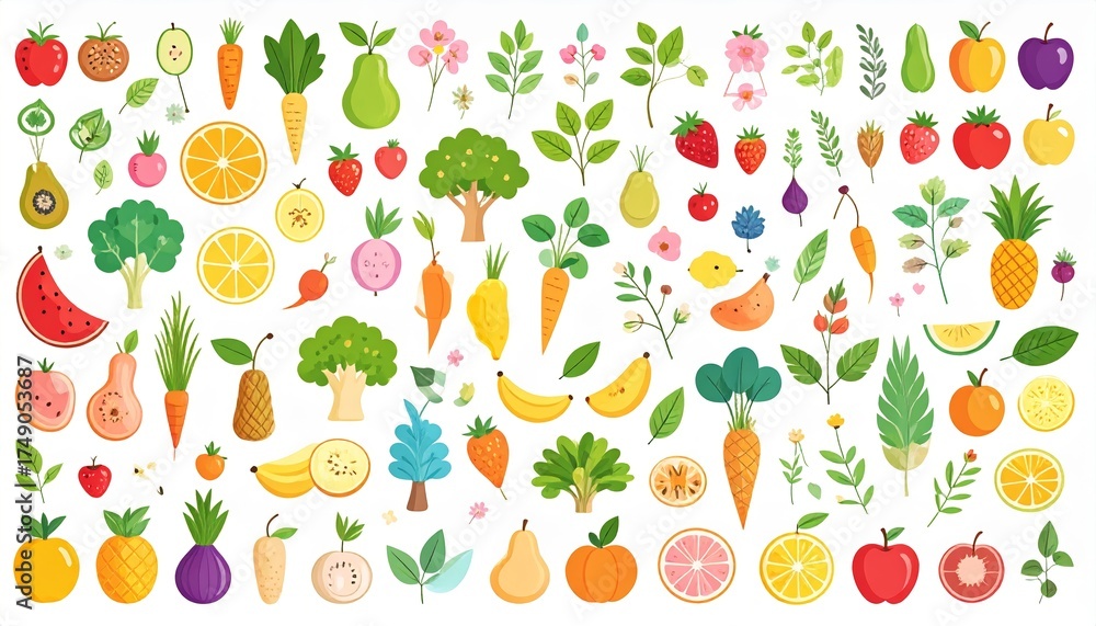 Obraz premium Spring and summer fruit and vegetable element set, vector illustration