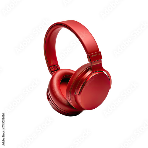 Glossy, red over-ear headphones on a black background, angled view
