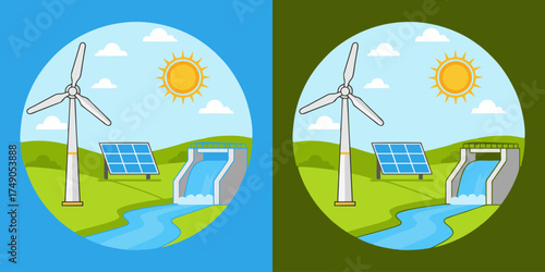 Sustainable future with clean energy sources: Wind turbines, solar panels, and hydroelectric power creating a vibrant and environmentally friendly landscape for generations