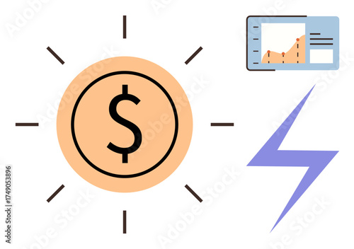 Dollar sign in sunlight symbolizes wealth and growth. Graph shows progress and strong lightning illustrates energy. Ideal for finance, innovation, economics, data, success, motivation, simple flat