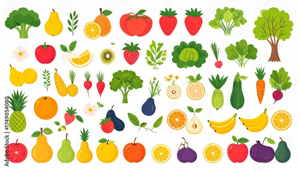 Obraz premium Spring and summer fruit and vegetable element set, vector illustration