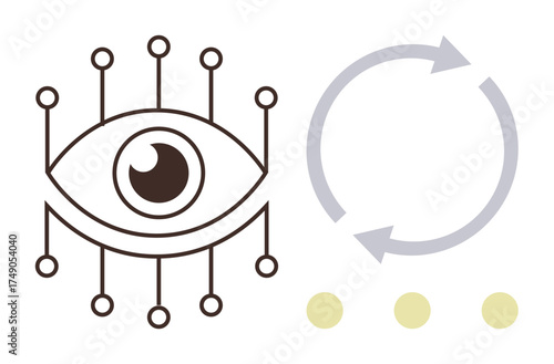 Eye connected to multiple nodes with circular arrows and dots symbolizing technology, connectivity, vision, data flow, AI, and continuous process. Ideal for innovation, development, progress
