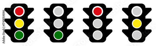 Vector illustration of traffic lights with red, yellow, and green signals in multiple variations. Simple flat design set of stoplight icons for transport, road safety, driving.