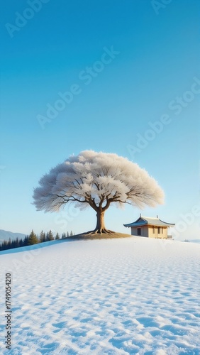 Wallpaper Mural 
keyword: snow, tree, winter, landscape, sky, blue, white, hill, hut, traditional, roof, building,  Torontodigital.ca