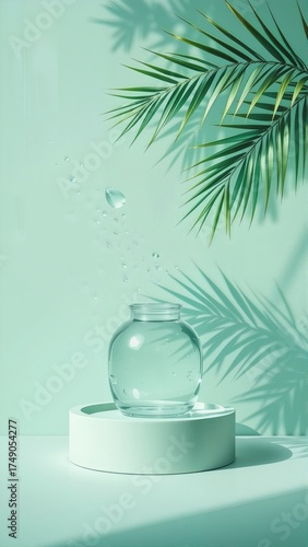 Wallpaper Mural 
keyword: glass, jar, water, droplet, palm, leaf, shadow, mint, green, background, minimalis Torontodigital.ca
