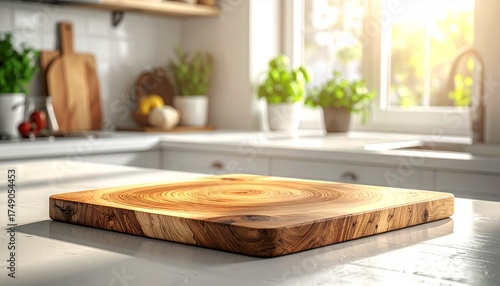Rustic wooden cutting board centerpiece in sunlit, modern kitchen, ready for culinary creations and showcasing fresh ingredients, perfect for food bloggers and recipe promotions