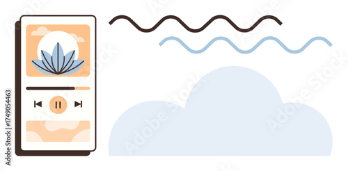 Mobile screen displaying a relaxation app with tranquil nature imagery, sound waves, and a cloud. Ideal for mindfulness, meditation, relaxation, wellness apps, self-care, stress relief wellness