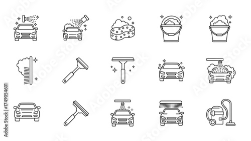 High-Quality Vector Icon Set of Car Wash with Water Spray, Sponge, Bucket, Foam, and Cleaning Tools, Minimalist Black and White Auto Service Icons