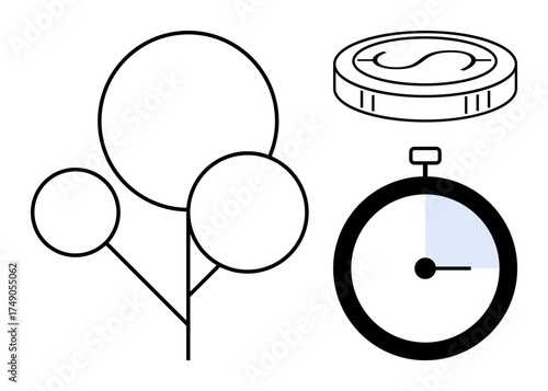 Stylized tree, stopwatch, and coin combine to depict nature, time management, and finance. Ideal for concepts of growth, sustainability, productivity, investment efficiency economy and planning
