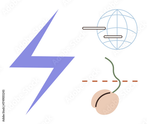 Purple lightning bolt, globe with two horizontal lines, and sprouting seed symbolizing energy, global communication, and sustainable progress. Ideal for innovation, growth, environment