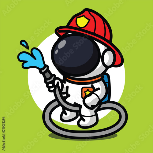 Cute Astronaut Firefighter Illustration for Space Cartoon Character and Rescue Concept