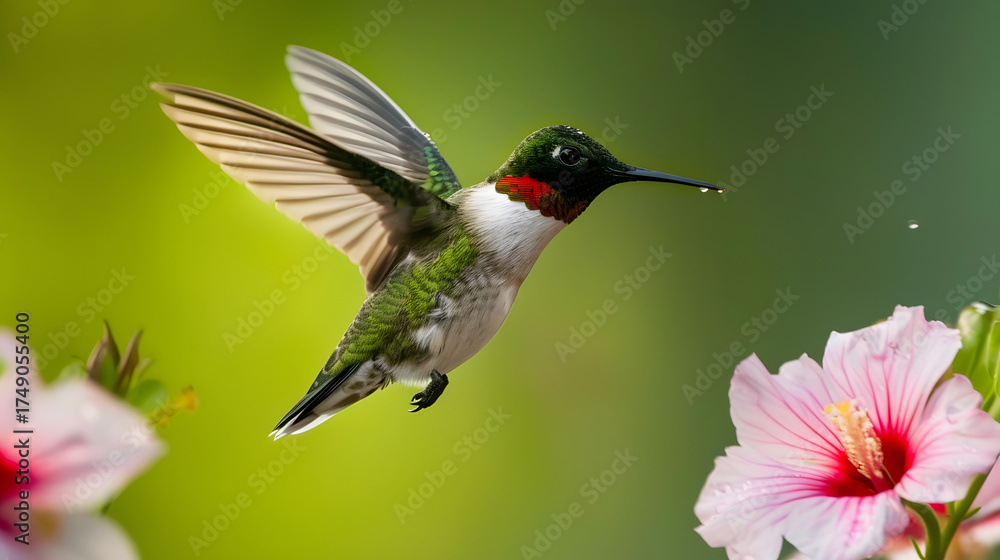 Fototapeta premium Ruby-throated Hummingbird (Male) with a Mandevilla Flower