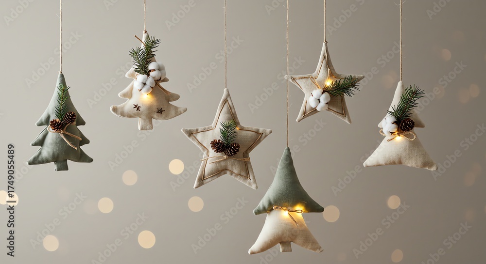 Fototapeta premium Rustic Holiday Decor Fabric Christmas Ornaments with Bokeh Background