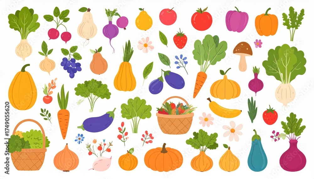 Obraz premium Spring and summer fruit and vegetable element set, vector illustration