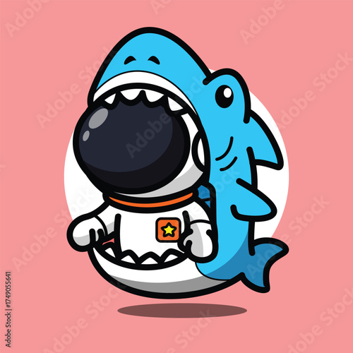 Cute Astronaut Bitten by Shark Illustration for Space Cartoon Character and Funny Ocean Concept