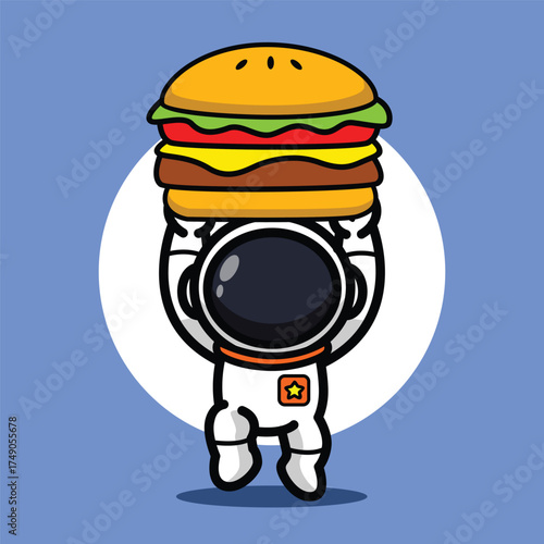 Cute Astronaut Lifting Giant Burger Illustration for Space Cartoon Character and Funny Fast Food Concept