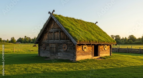 Rustic Viking House with a Green Roof in Golden Sunset Light