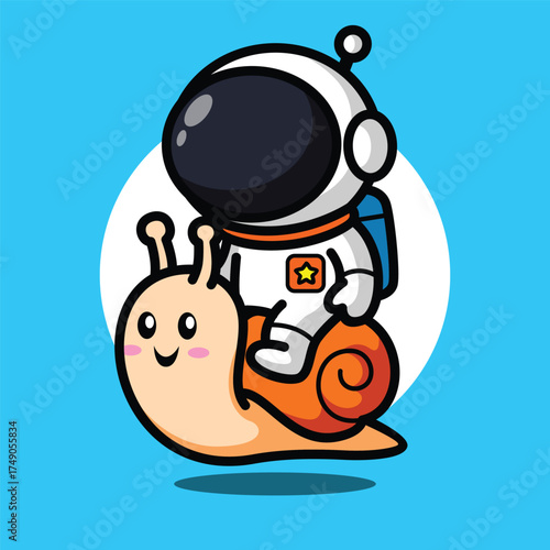 Cute Astronaut Riding Snail Illustration for Space Cartoon Character and Funny Slow Life Concept