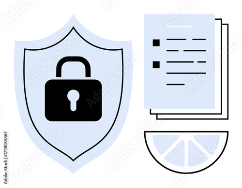 Lock on shield next to documents and pie chart representing data security, confidentiality, and analysis. Ideal for cybersecurity, privacy, encryption, compliance, corporate safety, protection