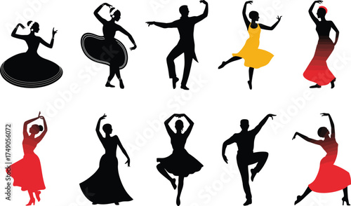 Elegant dancers silhouettes collection performing various dance styles on white background