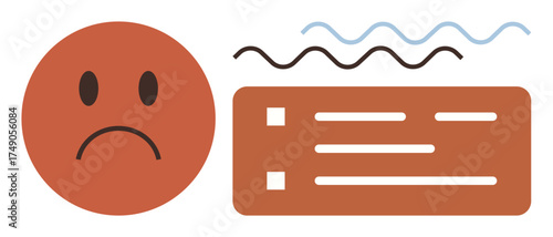 Sad face next to checklist and wavy lines symbolizing stress, confusion, or emotional struggle. Ideal for mental health, stress management, emotional awareness, mindfulness, communication