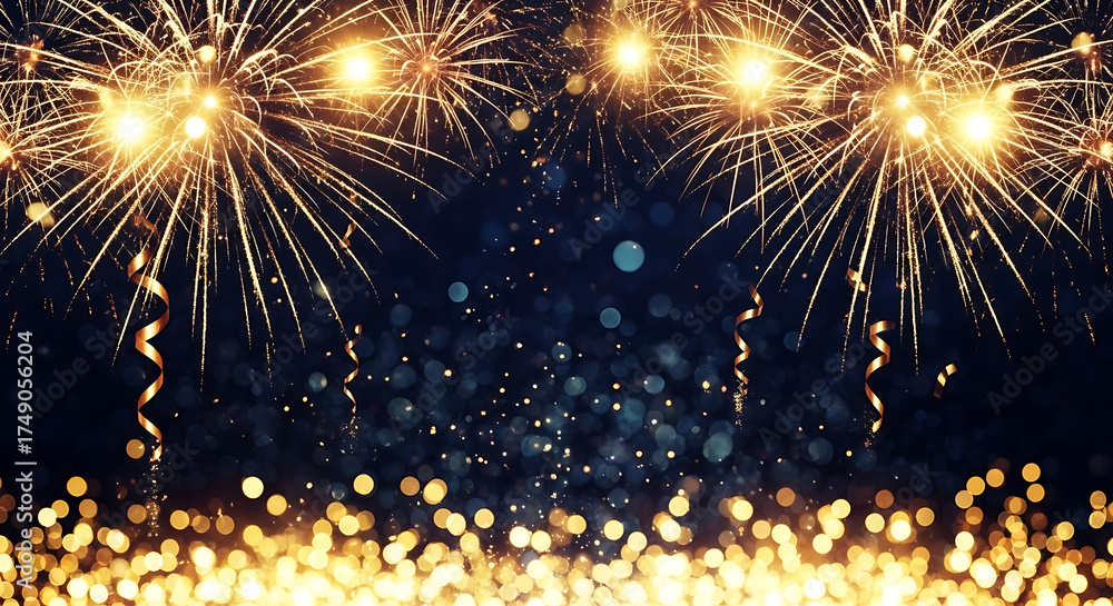 Fototapeta premium Bright golden fireworks bursting in the night sky with sparkling lights and confetti creating a festive celebratory atmosphere
