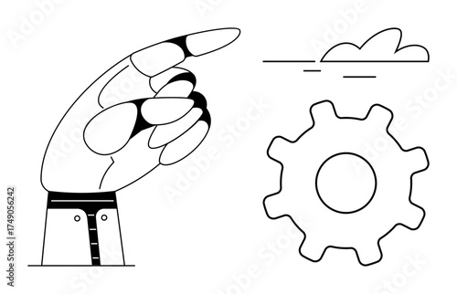 Robotic hand pointing toward cloud and gear. Ideal for technology, automation, innovation, cloud computing, robotics, artificial intelligence, and teamwork in tech. Clean simple flat metaphor