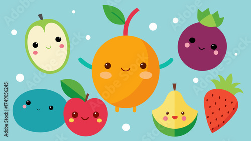 Cute Cartoon Fruits Kawaii Style Collage