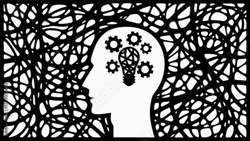 Creative mind generating innovative ideas with gears and a lightbulb brain symbol, conceptual thinking