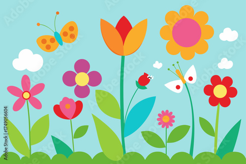 spring garden collage with flowers and butterflies