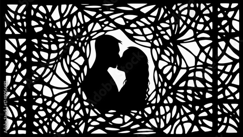 Romantic couple kissing silhouette surrounded by abstract foliage evokes love and intimacy