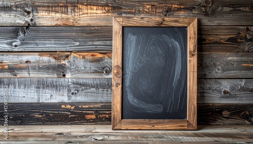 Rustic wooden blackboard with chalk marks set against a weathered plank wall, perfect for menus, announcements, or creative displays