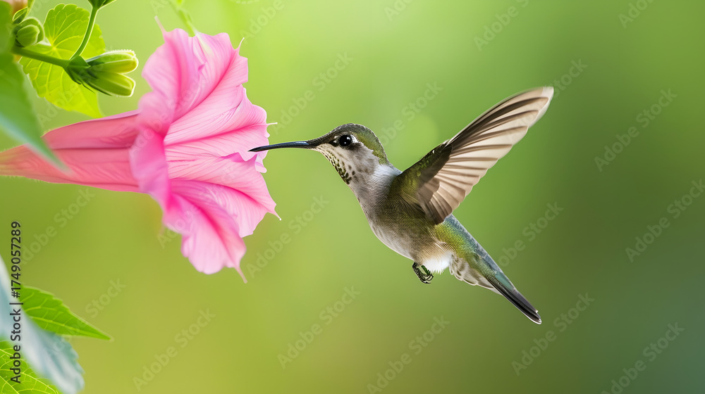 Fototapeta premium Ruby-throated Hummingbird (Male) with a Mandevilla Flower