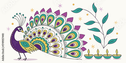 Artistic peacock-themed Diwali vector design with tail feathers forming mandala-like shapes in emerald, sapphire, magenta, and gold. Glowing diyas line the bottom