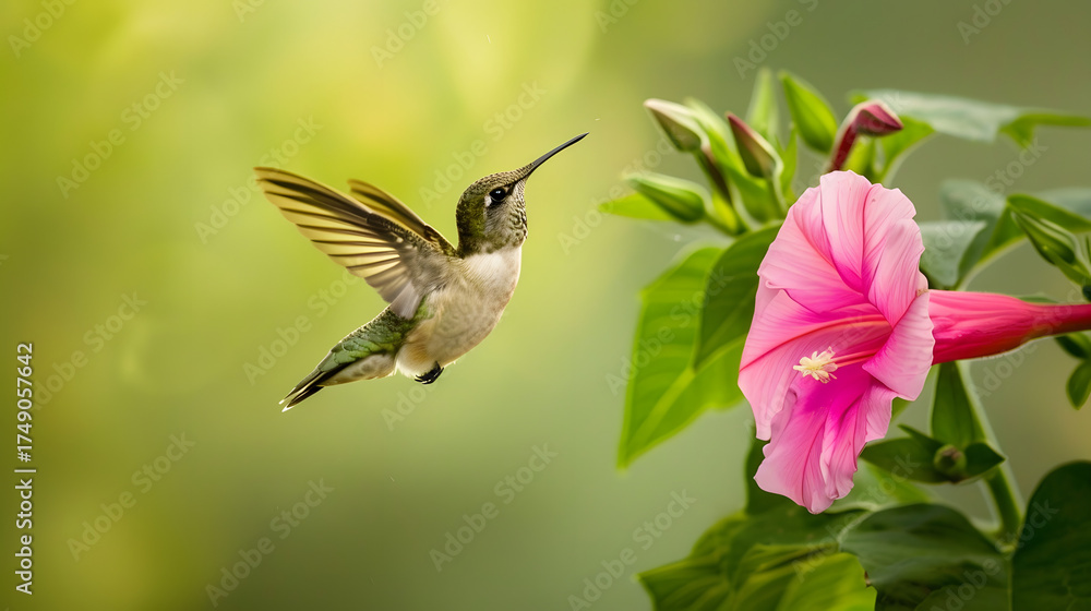 Naklejka premium Ruby-throated Hummingbird (Male) with a Mandevilla Flower