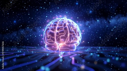 Wallpaper Mural Stunning digital representation of a human brain illuminated by vibrant neon colors, surrounded by a network of glowing data pathways exemplifying artificial intelligence concepts. Torontodigital.ca