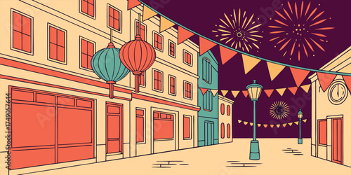 Vector city street decorated for Diwali with glowing diyas, hanging lanterns, paper buntings, and firework bursts above. Color palette includes orange, red, yellow, violet, and turquoise for a lively 