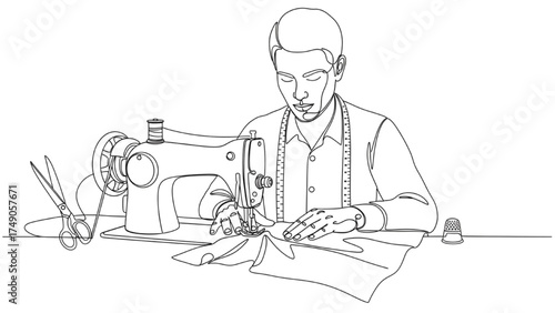 Continuous Line Art of Tailor Sewing Fabric on Sewing Machine, Minimalist Black and White Illustration of Garment Production and Textile Work