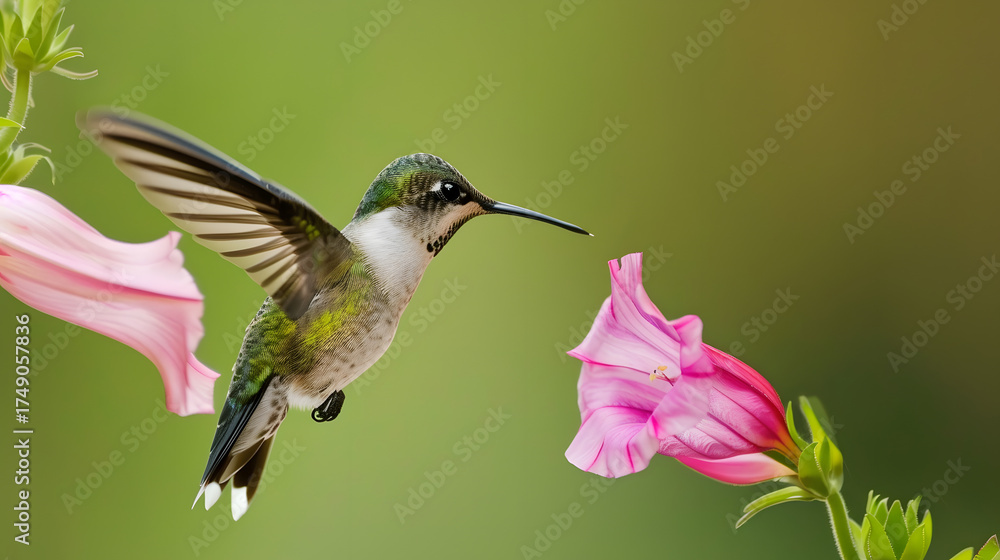 Fototapeta premium Ruby-throated Hummingbird (Male) with a Mandevilla Flower