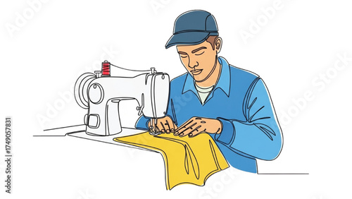 Continuous Line Illustration of Tailor Working on Sewing Machine in Textile Factory, Minimalist Black and White Garment Production and Industrial Sewing Art