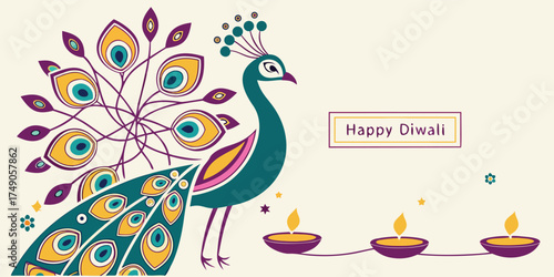 Artistic peacock-themed Diwali vector design with tail feathers forming mandala-like shapes in emerald, sapphire, magenta, and gold. Glowing diyas line the bottom