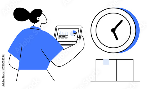 Person holding tablet with data chart, large clock nearby, representing time management, productivity, and organization. Ideal for business, planning, strategy, teamwork efficiency deadlines
