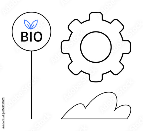 Bio sign with leaf atop, simple gear, and cloud symbolizing sustainability, bioengineering, and eco innovation. Ideal for green energy, ecology, renewable resources, technology future growth