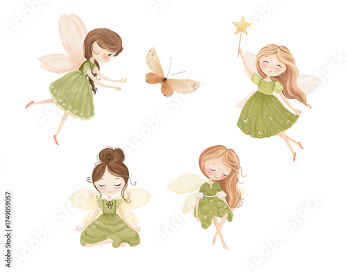 Watercolor set with cute fairies in green dresses, cartoon isolated illustration for your fantasy design wallpapers, textile or design interior for childish. Hand drawn beautiful characters.