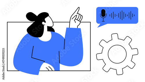 Female character pointing at a voice command panel with sound waves and a microphone. Gear represents settings or automation. Ideal for technology, voice control, AI, automation, interface design